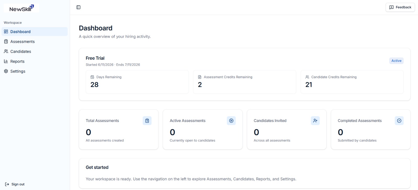 NewSkill Hiring Studio dashboard showing assessment credits, candidate stats, and workspace overview
